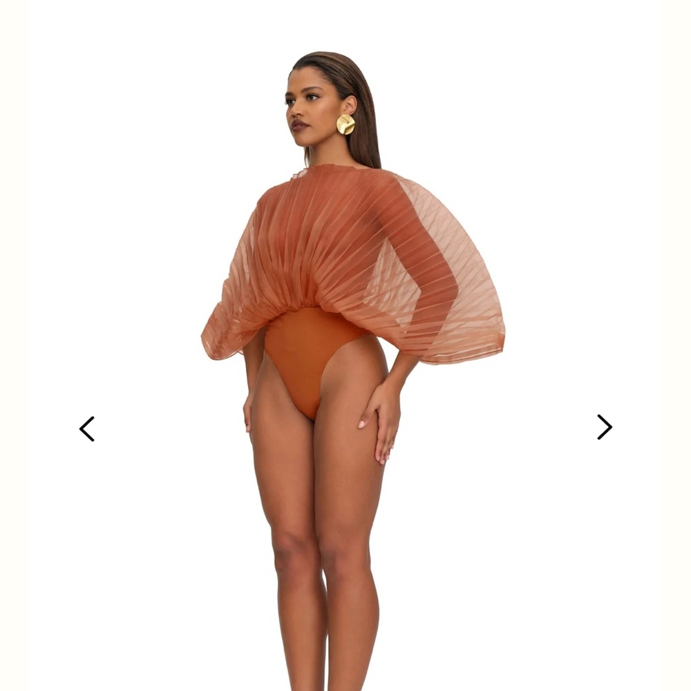 Andrea Iyamah Sombra Sheer Pleated Bodysuit in Rust Pomegranate XL